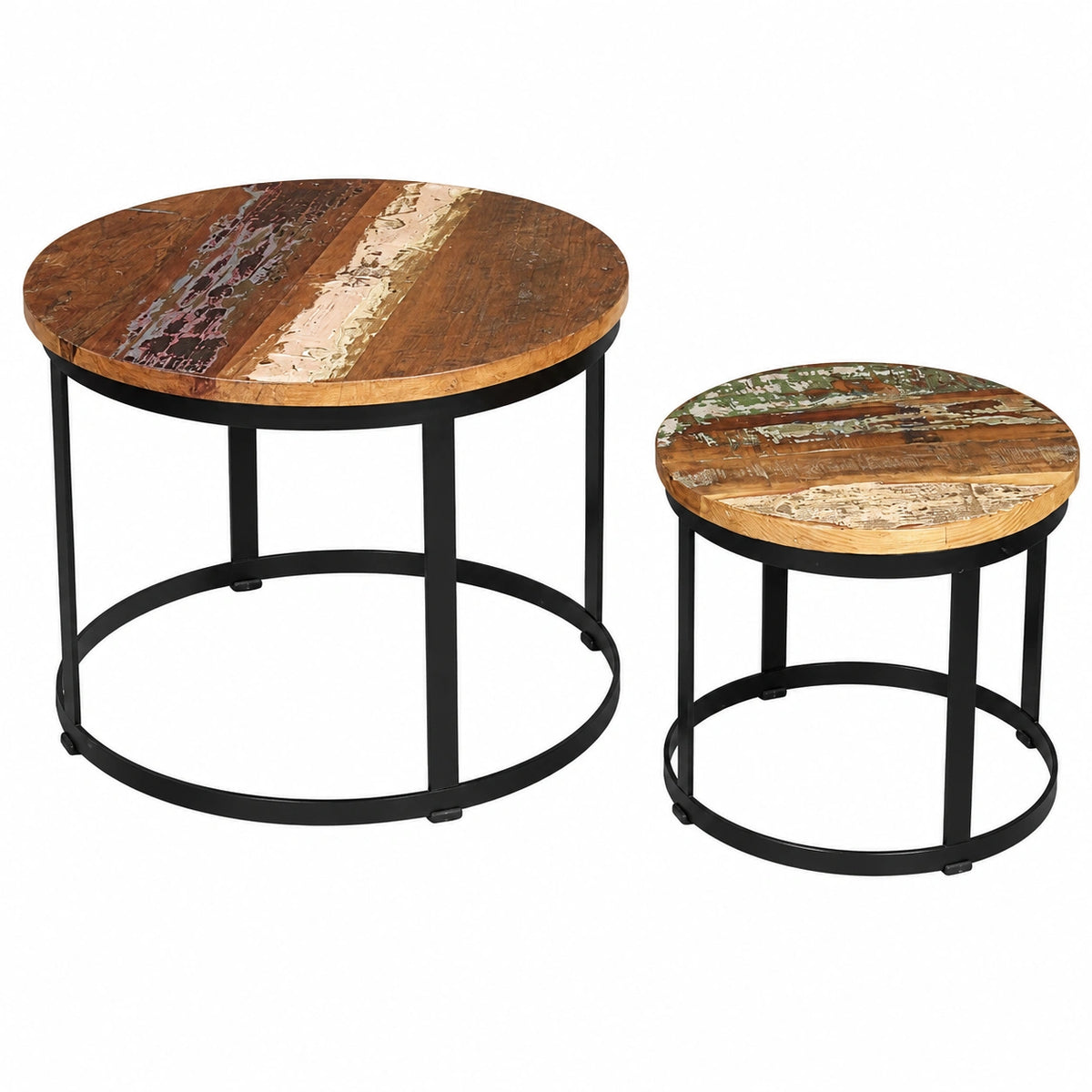 Tavolini in Legno Riciclato Stile Industriale, Set di 2, Design Vintage con Gambe in Ferro