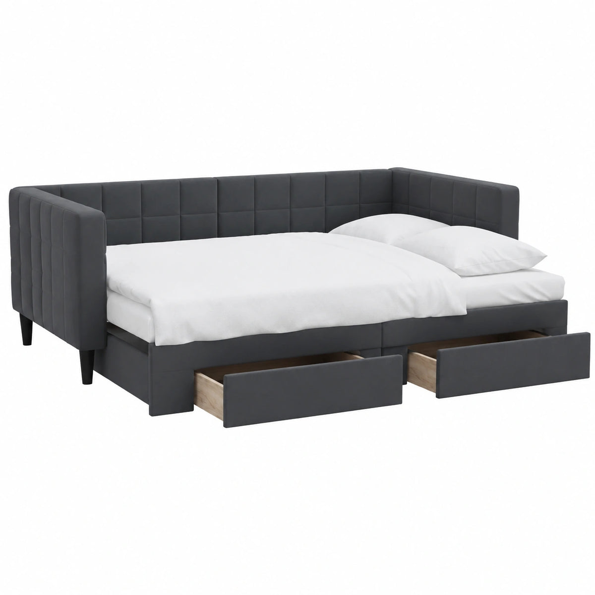 Divano Letto Estraibile in Velluto Grigio Scuro con Cassetti, 90x190 cm, Telaio in Metallo e Legno, Moderno e Comodo