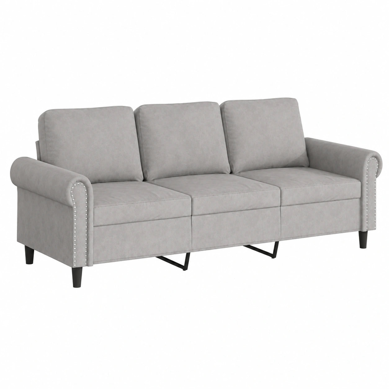 Divano moderno 3 posti in velluto grigio chiaro con struttura metallica, seduta 180 cm, confortevole per soggiorno