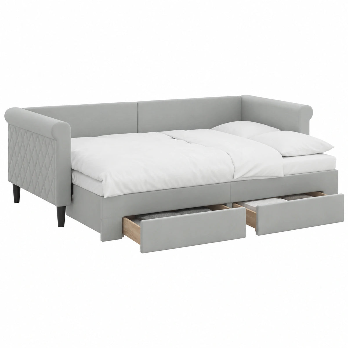 Divano Letto Salvaspazio in Velluto Grigio con Cassetti, 90x190 cm