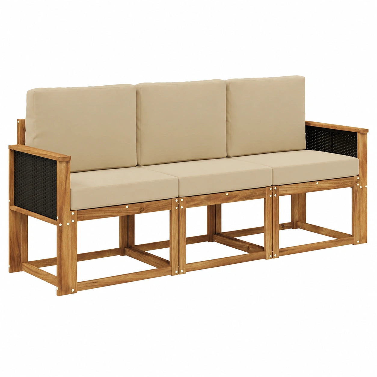 Divano modulare da giardino in legno di acacia a 3 posti con cuscini, stile moderno per terrazza e balcone