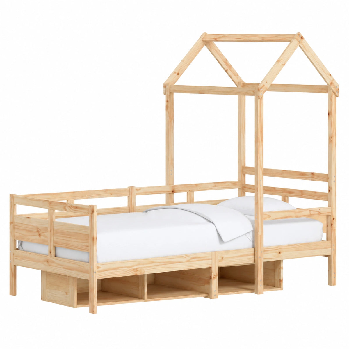 Letto Divano in Pino Massello con Doghe e Contenitore, Design Elegante per Soggiorno o Camera