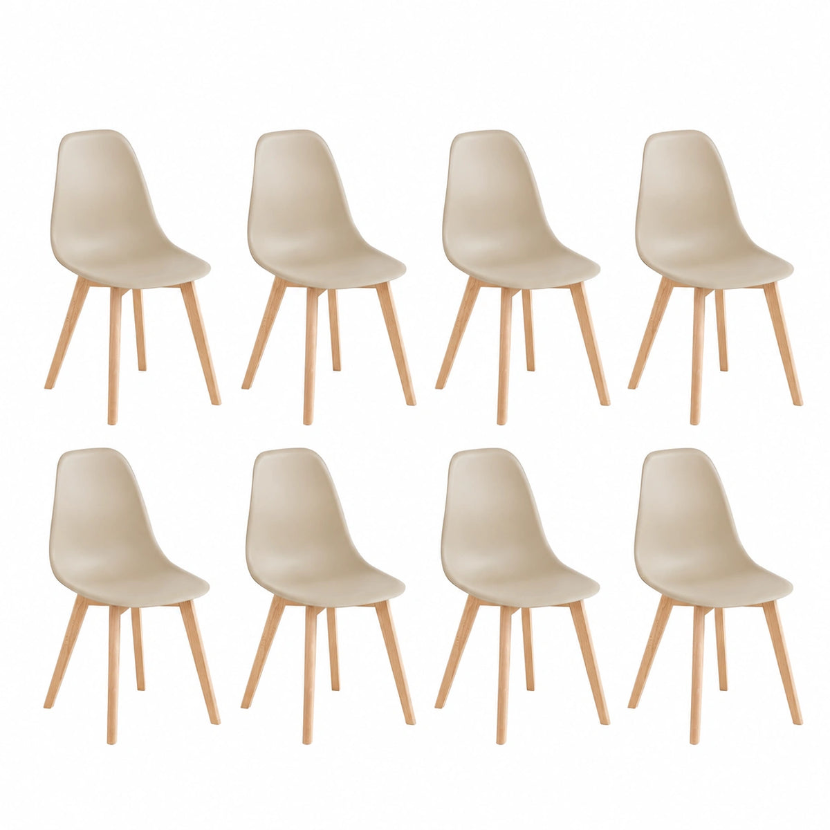 Set di 8 Sedie Nordiche con Gambe in Legno per Sala da Pranzo, Colore Cachi