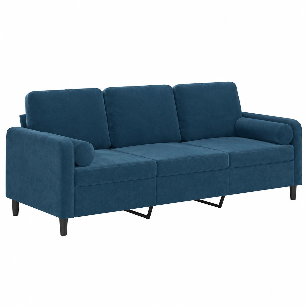 Elegante divano moderno in velluto blu a 3 posti con struttura in metallo e cuscini rimovibili