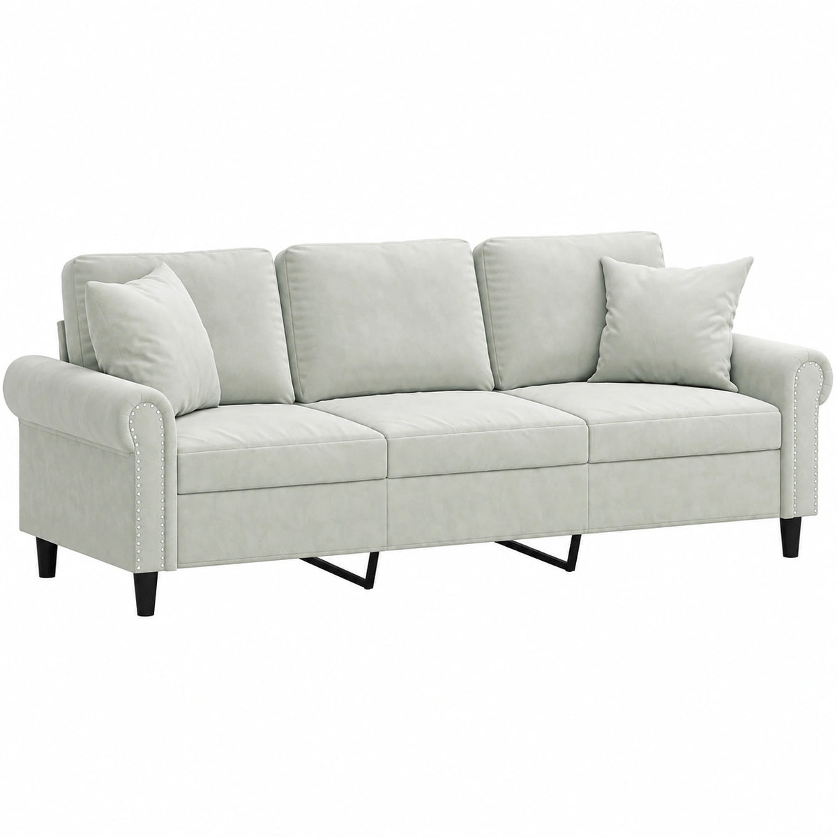 Divano moderno 3 posti grigio chiaro con cuscino vellutato, larghezza 180 cm, struttura metallica, comfort assicurato