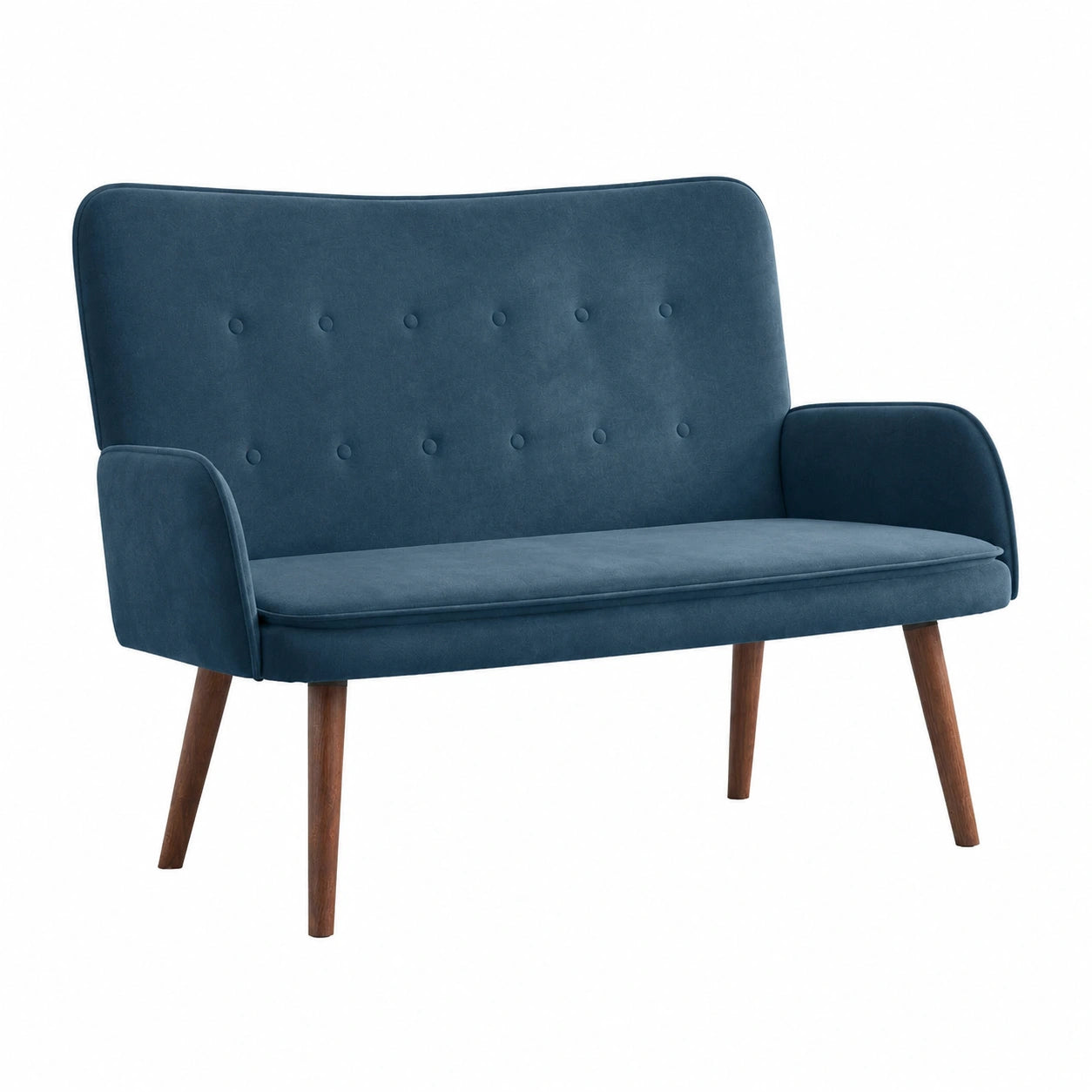 Divano moderno a 2 posti in velluto blu con struttura robusta, ideale per soggiorno e cameretta
